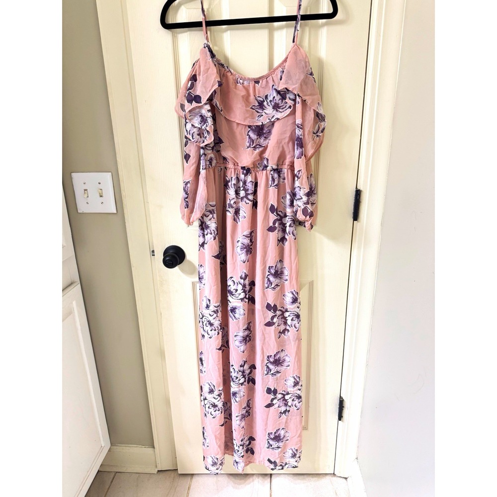 As U Wish Pink Purple Floral Cold Shoulder Ruffle Maxi Dress Adjustable Straps M